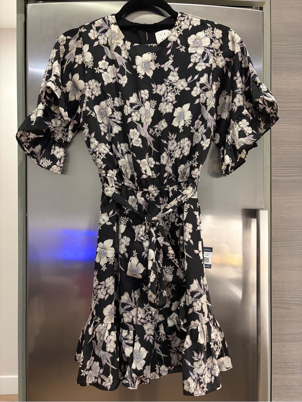 Lost + Wander Black Floral Tie-Waist Ruffle Mini Dress
